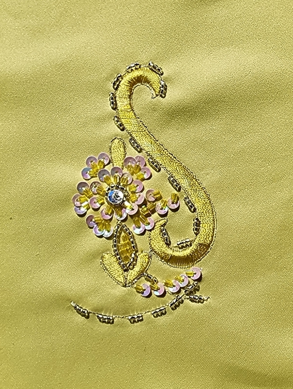 Vintage Embroidered & Sequined Floral Satin Sampler Square Yellow - Picture 4 of 4
